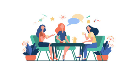 Female friends hanging out in cafe. Women sitting at table, drinking tea or coffee, talking with speech bubble. Vector illustration for chatting, communication, lunch, friendship concept