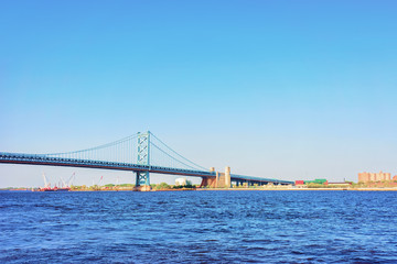 Benjamin Franklin Bridge above Delaware River in Philadelphia