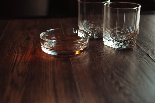 Empty Glasses For Whisky And Ash-tray