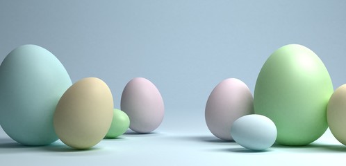 A group of easter eggs on light blue background, 3d rendering