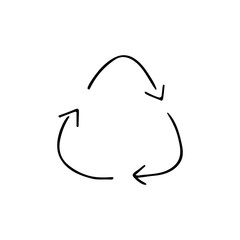 Three circular arrows in the shape of a triangle, the concept of waste recycling and reuse. Save nature. Black and white doodle style illustration.