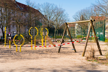 Playgrounds that were closed due to the corona pandemic, swings, soccer field, table tennis tables, barrier tape