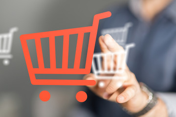 Businessman pressing modern technology panel shopping cart web phone credit card.