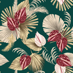 Tropical floral boho dried palm leaves, anthurium flower seamless pattern green background. Exotic jungle wallpaper.