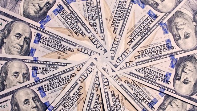 100 usd new notes bills rotating, 4k studio shot