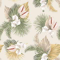 Tropical floral boho dried palm leaves, orchid anthurium flower seamless pattern beige background. Exotic jungle wallpaper.