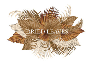 Obraz premium Boho bouquet dried palm leaves floral illustration. Tropical jungle slogan floral vector composition.