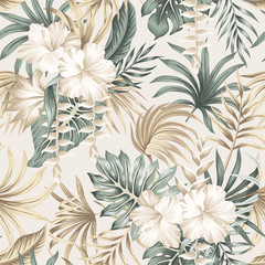 Tropical floral foliage palm leaves, hibiscus flower seamless pattern beige background. Exotic jungle wallpaper. - 332713323