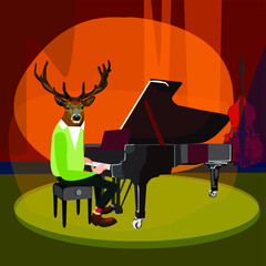 Vector illustration of a deer at the piano on stage. Jazz-rock music concert featuring a pianist deer.