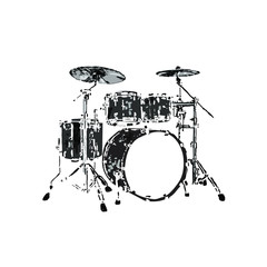Dark drums on a white background. Black and white vector illustration of an isolated drum kit. Drawing sketch.