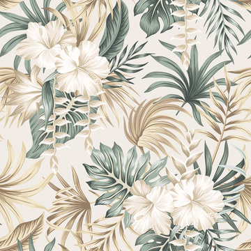 Tropical floral foliage palm leaves, hibiscus flower seamless pattern beige background. Exotic jungle wallpaper.