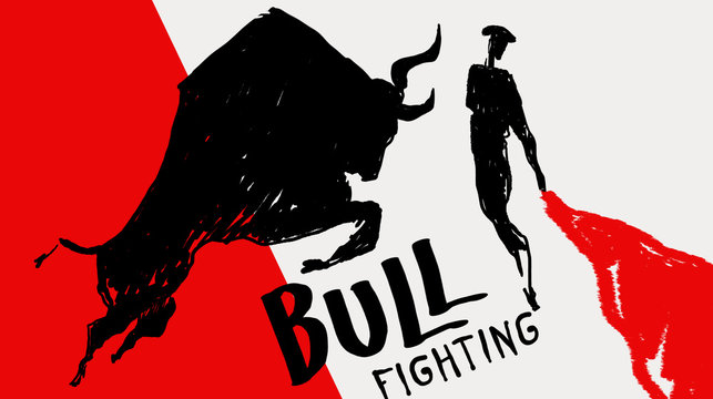 Bullfighting. Graphic silhouettes of the bull and toreador