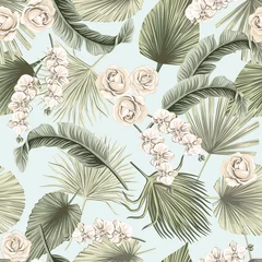 Photo sur Plexiglas Orchidee Feuilles de palmier séchées boho floral tropical, orchidée, fond bleu sans couture de fleur rose. Fond d& 39 écran de la jungle exotique.