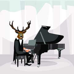 Vector illustration of a deer at the piano on stage. Classical music concert featuring a deer pianist.