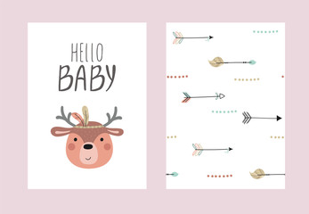 Cute print Boho style. Seamless pattern with cute little animals. vector illustration. Vector print with animals. Baby Shower card design