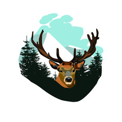 portrait of a deer on a background of mountains and coniferous forest