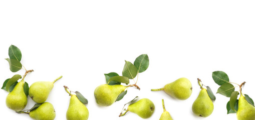 banner  from green pears with leaves isolated on white background, top view