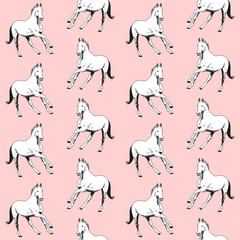 White horse drawn in black outline on a pink background. Seamless pattern © Tetiana Yurkovska