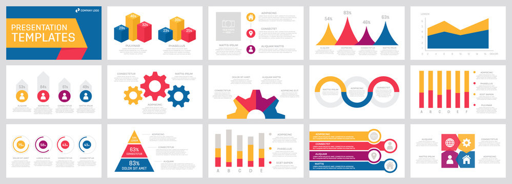 Set of yellow, pink, purple and blue elements for multipurpose presentation template slides with graphs and charts.