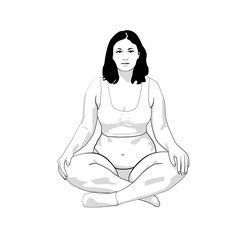 Happy overweight woman exercising on a white background. Practicing Yoga Lotus.