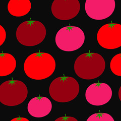 Seamless pattern with tomatoes scattered on a black background. Vector illustration for textile printing, wrapping paper.