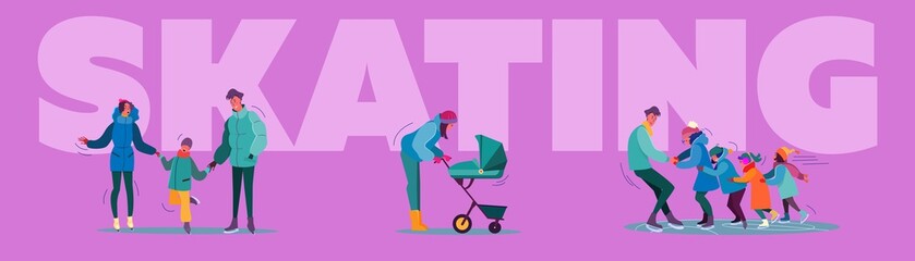 Winter activity set. Families, kids skating on ice, sledging, suburb houses. Flat vector illustrations. Vacation, recreation, country lifestyle concept for banner, website design or landing web page