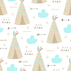 Cute print Boho style. Seamless pattern with cute wigwam. vector illustration. Vector print with wigwam © iryna_boiko