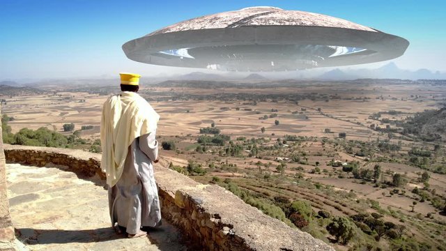 Afriacn Priest Lookin at Large Alien Ufo saucer Ship over the mountains Large ufo saucer flying over mountains in Africa with priest watching