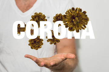 Hologram of coronavirus COVID-2019 on a blue futuristic background. Deadly type of virus 2019-nCoV....
