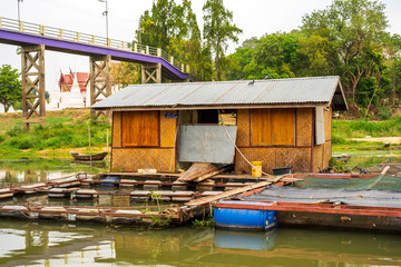 Fototapeta na wymiar Raft, floating house, Sakae Krang river community, Uthai Thani Province, Thailand