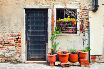 Fototapeta na wymiar Old architecture in Venice, Italy. Door with window and flowers in the pots