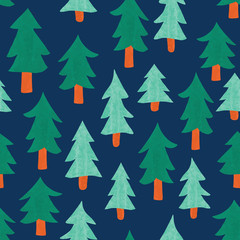 Fir tree forest seamless vector pattern. Repeating background with abstract hand drawn fir trees with texture on dark blue backdrop.