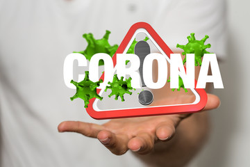 Hologram of coronavirus COVID-2019 on a blue futuristic background. Deadly type of virus 2019-nCoV....