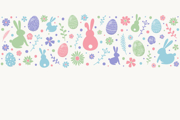 Easter decoration with colourful bunnies, eggs and flowers. Background with copyspace. Vector