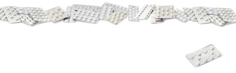 Medications to prevent a pandemic virus. Pills, masks on  white isolated background.