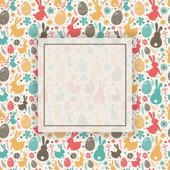Easter pattern with decorative eggs, bunnies and flowers. Background with copyspace. Vector
