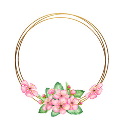 Watercolor gold frame with cherry blossoms. Hand-drawn romantic illustration on a white background.