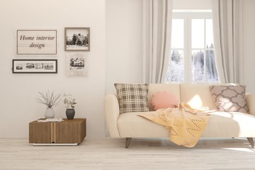 White living room with sofa and winter landscape in window. Scandinavian interior design. 3D illustration