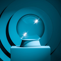 Magic Ball Fortune Teller on Blue Abstract Background And Showcase, 3d rendering., Copy Space