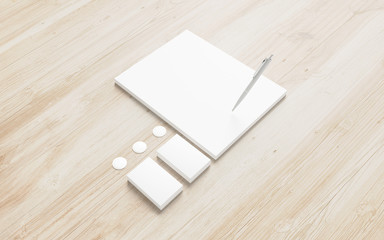 Blank letterhead and business cards on wooden desk as identity concept for branding design presentation, promotion etc.