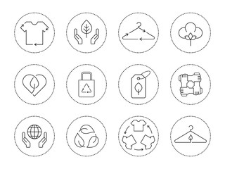 Sustainable textile industry icon set. Eco friendly, recycle clothing, fair trade, natural materials, slow fashion. Ethical fashion linear icons collection. Vector illustration, flat style, clip art. 