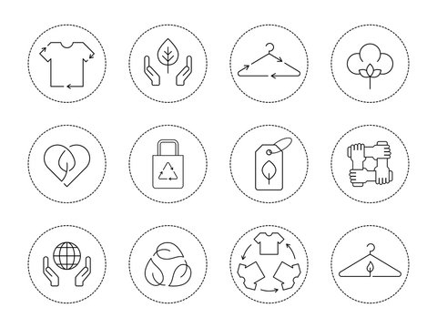 Sustainable textile industry icon set. Eco friendly, recycle clothing, fair trade, natural materials, slow fashion. Ethical fashion linear icons collection. Vector illustration, flat style, clip art. 