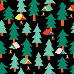 Camping tents between fir tree forest seamless vector pattern. Repeating background with abstract hand drawn fir trees with texture on dark blue backdrop.