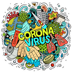 Coronavirus hand drawn cartoon doodles illustration. Colorful composition