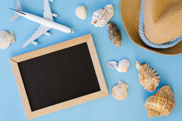 Empty chalkboard with seashells and decorative airplane. Summer travel concept.