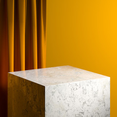 Blank Foursquare Marble Showcase with Empty Space On Pedestal And Orange Background. 3d rendering
