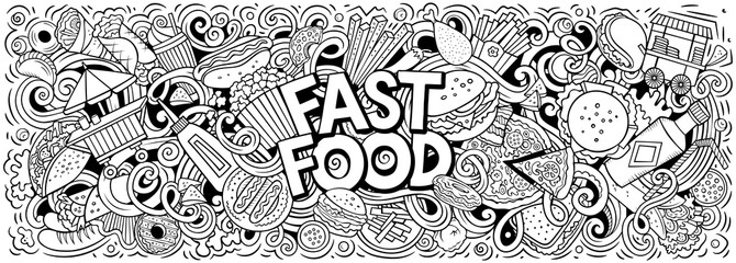 Fastfood hand drawn cartoon doodles illustration. Colorful vector banner