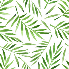 Naklejka na ściany i meble Watercolor summer branches with green leaves illustration foliage pattern