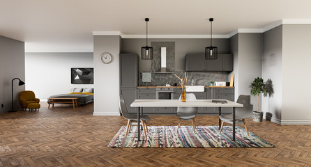 Apartment with kitchen and bedroom in gray colors, Scandinavian style - 3d rendering