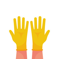 Hands putting on protective yellow gloves. Latex gloves as a symbol of protection against viruses and bacteria. Precaution icon. Vector illustration flat design. Isolated on white background.